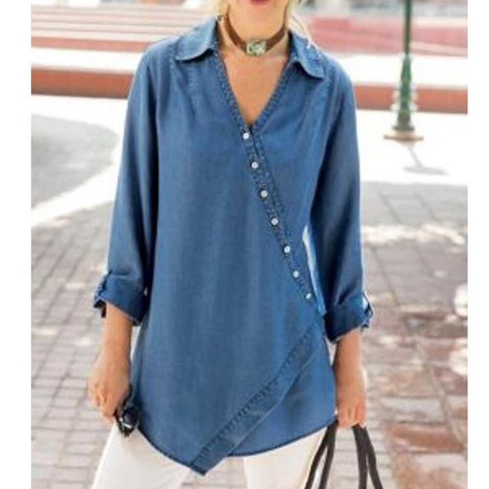 Women's Blue Asymmetrical Button-Down Top